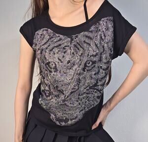 Rhinestone Tiger T-Shirt Black Indie Sleeze Y2K 2010s Grunge Statement McBling